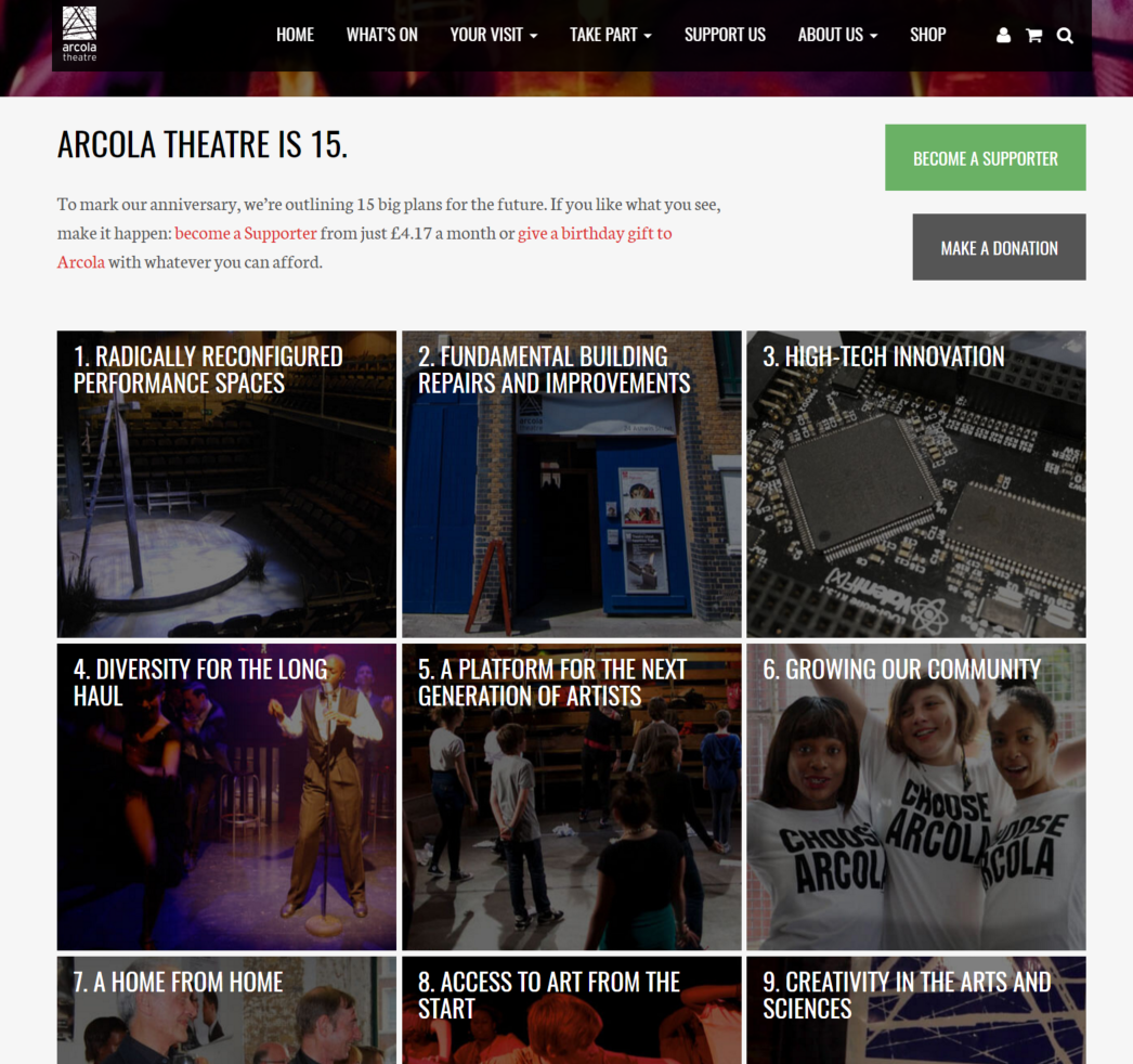 Arcola Theatre website, showing its 15 big plans for the future