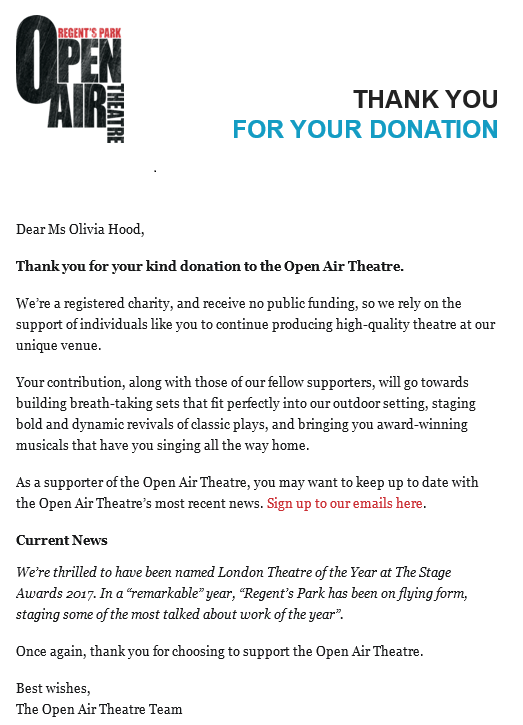 Thank you message from Regent's Park Open Air Theatre. Contact us if you'd like to know the full content.