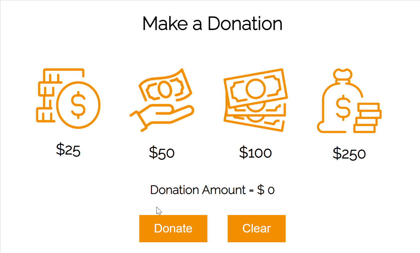 gif of a donations web component in action, offering customers a choice of four giving levels with bold visuals and a clear call to action