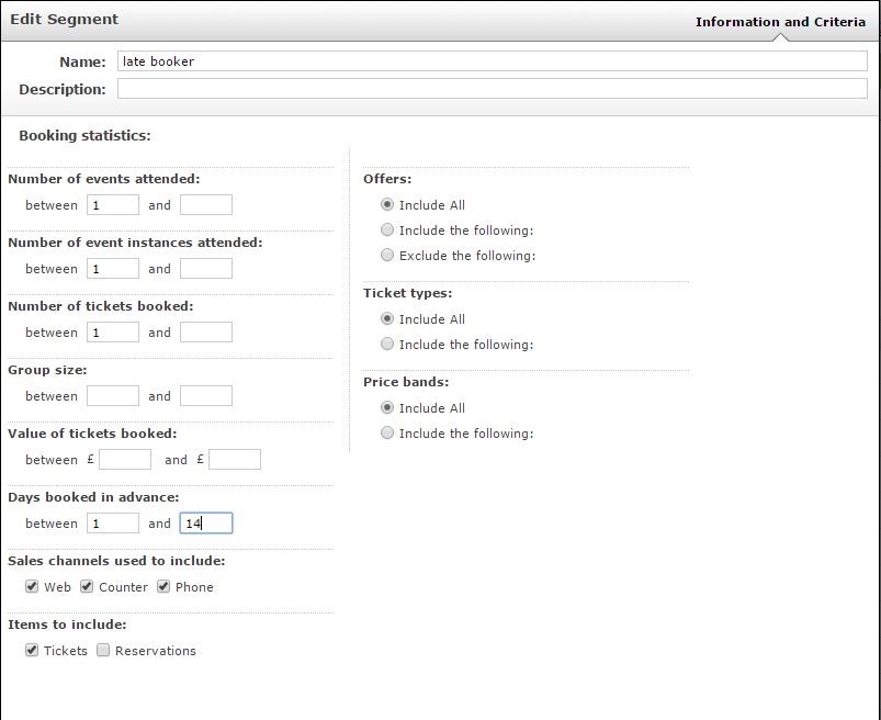 Screenshot of the Spektrix system, showing how audiences can be segmented to minute detail, including by number of tickets booked, number of events attended, group size and sales channel