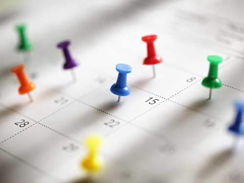 Colorful pins stuck into a calendar.