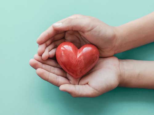 Hands holding a red stone heart.