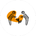 two people bending toward each other to tend to a plant