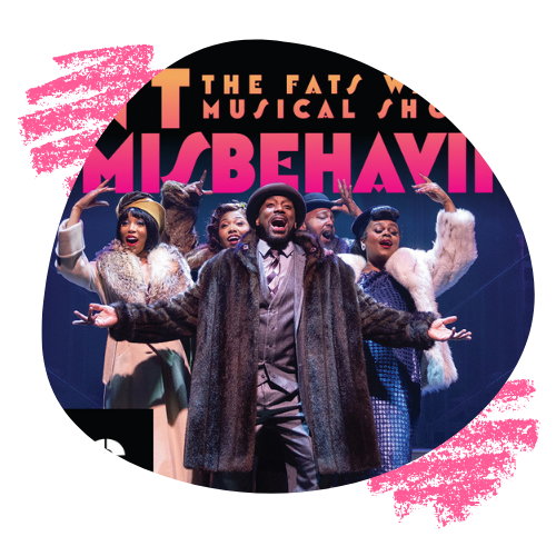 A Black male performer leads an ensemble in thirties style dress, in an ad for Ain't Misbehaving at Arizona Theatre Company
