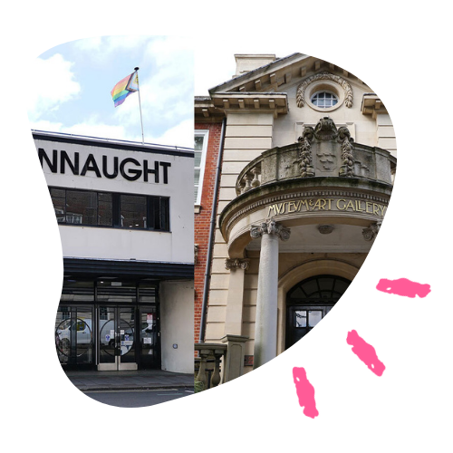 The facades of the Connaught, a modern theatre building with the progress Pride flag flying above its doors, and of Worthing Museum and Art Gallery with its Victorian style porch.