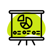 an icon of a whiteboard with data and graphs on it