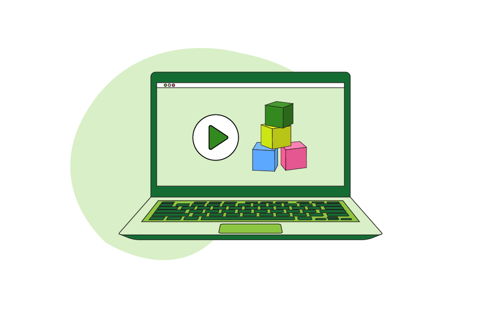 an illustration of a laptop with a play button and building blocks on the screen