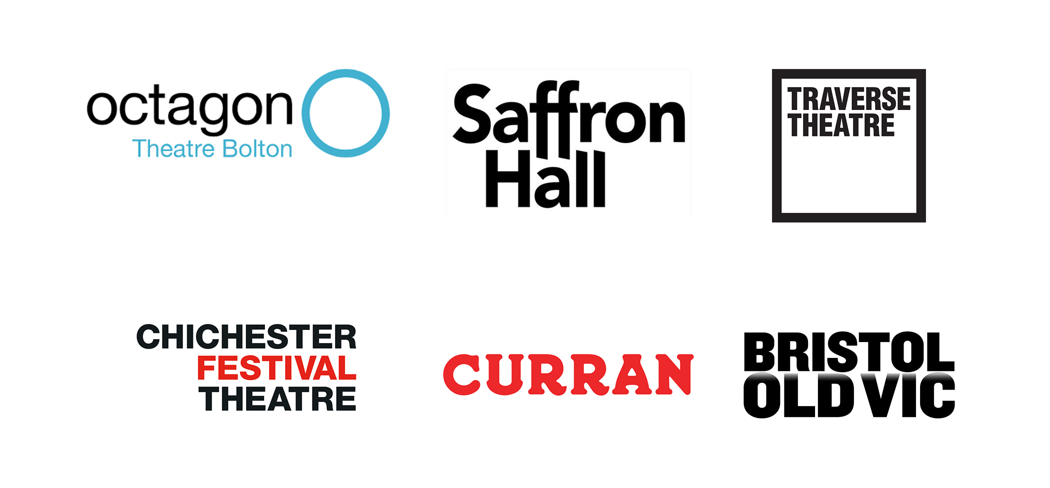 Logos of user organisations involved: Octagon Theatre Bolton, Saffron Hall, Traverse Theatre, Chichester Festival Theatre, Curran, Bristol Old Vic