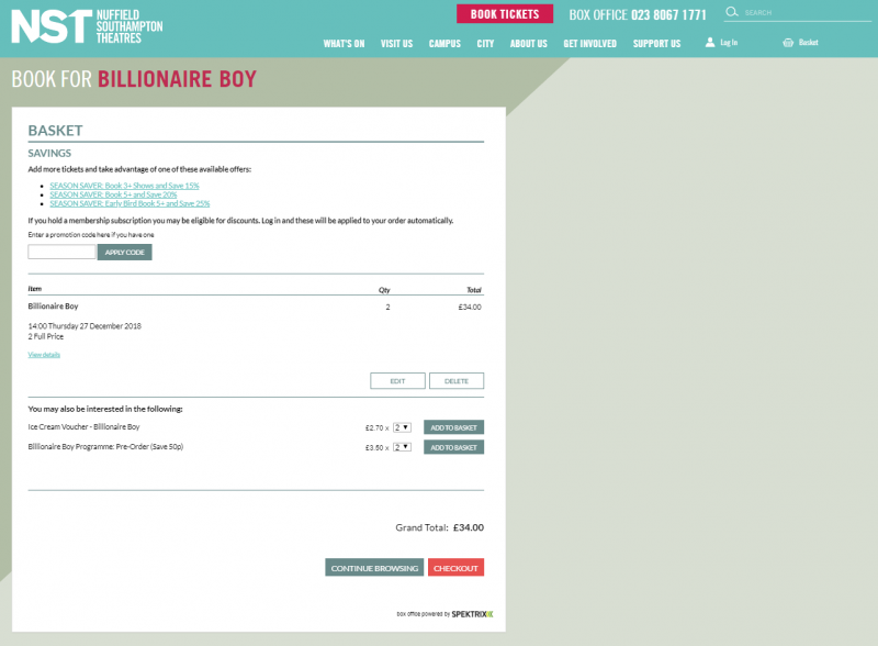 Webpage from Nuffield theatres Southampton, promoting reduced price programmes in the booking path
