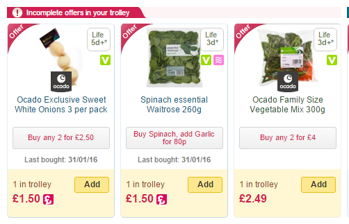 A multibuy offer at Ocado, prompting customers to add linked items when they select various products