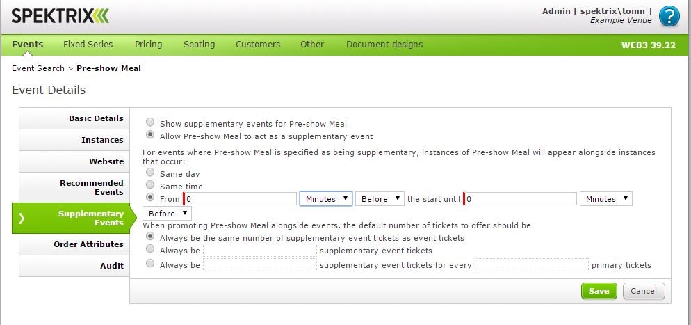 Screenshot of the Spektrix system, where a user is setting Pre-Show Meals up as a supplementary event
