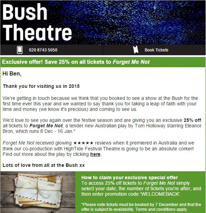 A personalised communication from Bush Theatre, using the customer's name and offering a targeted incentive based on their visits in the previous year.