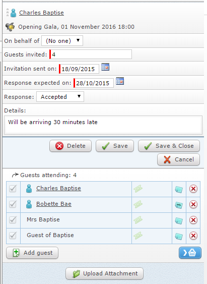 Screenshot of the Invitation Management tool in Spektrix, tracking invites, responses and guest details