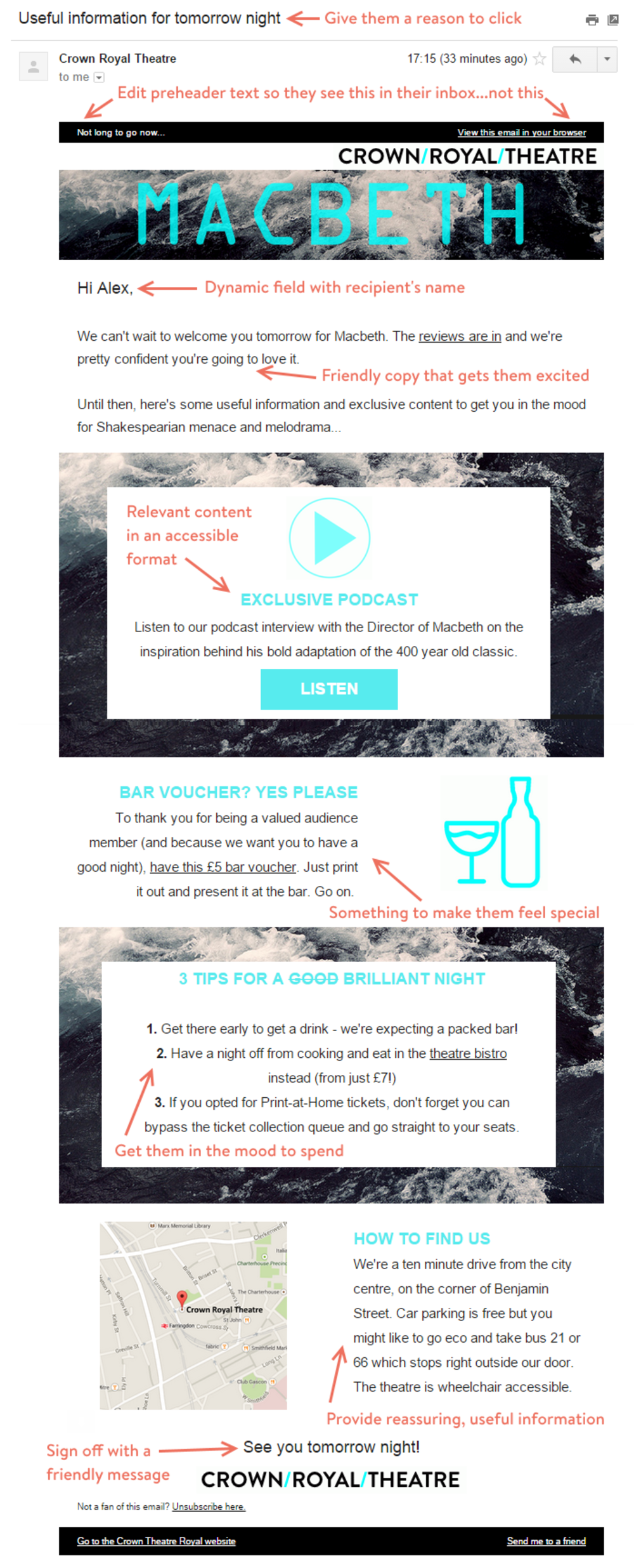 Screenshot of a pre show email, showing enticing pre-header information, dynamic name fields, friendly copy, relevant, multimedia content, incentives, upsells, and practical travel or parking information