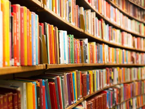 Rows of books on library shelves. 