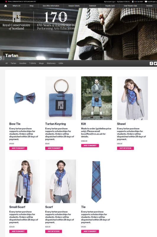 The Royal Conservatoire of Scotland's online shop, showing a range of tartan items and making it clear that purchases will directly support music scholarships.