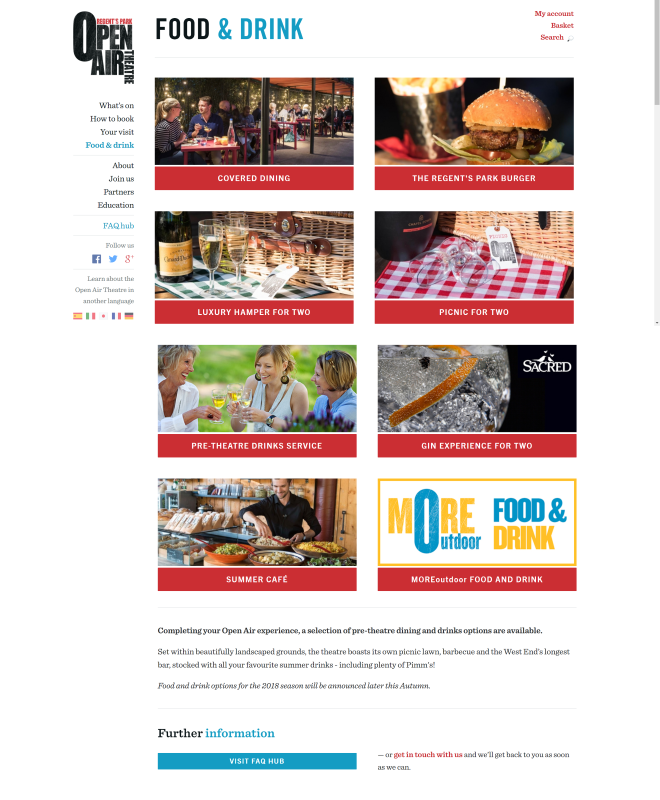 Regent's Park Open Air Theatre's website, where a range of dining optiions including hampers, picnics and pre-event drinks are offered as supplementary events