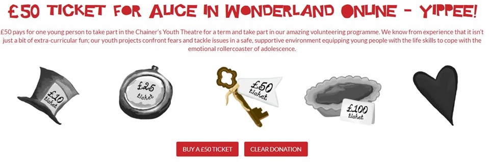 A range of price options for Alice in Wonderland at Red Rose Chain, stylised to match the look and feel of the production 