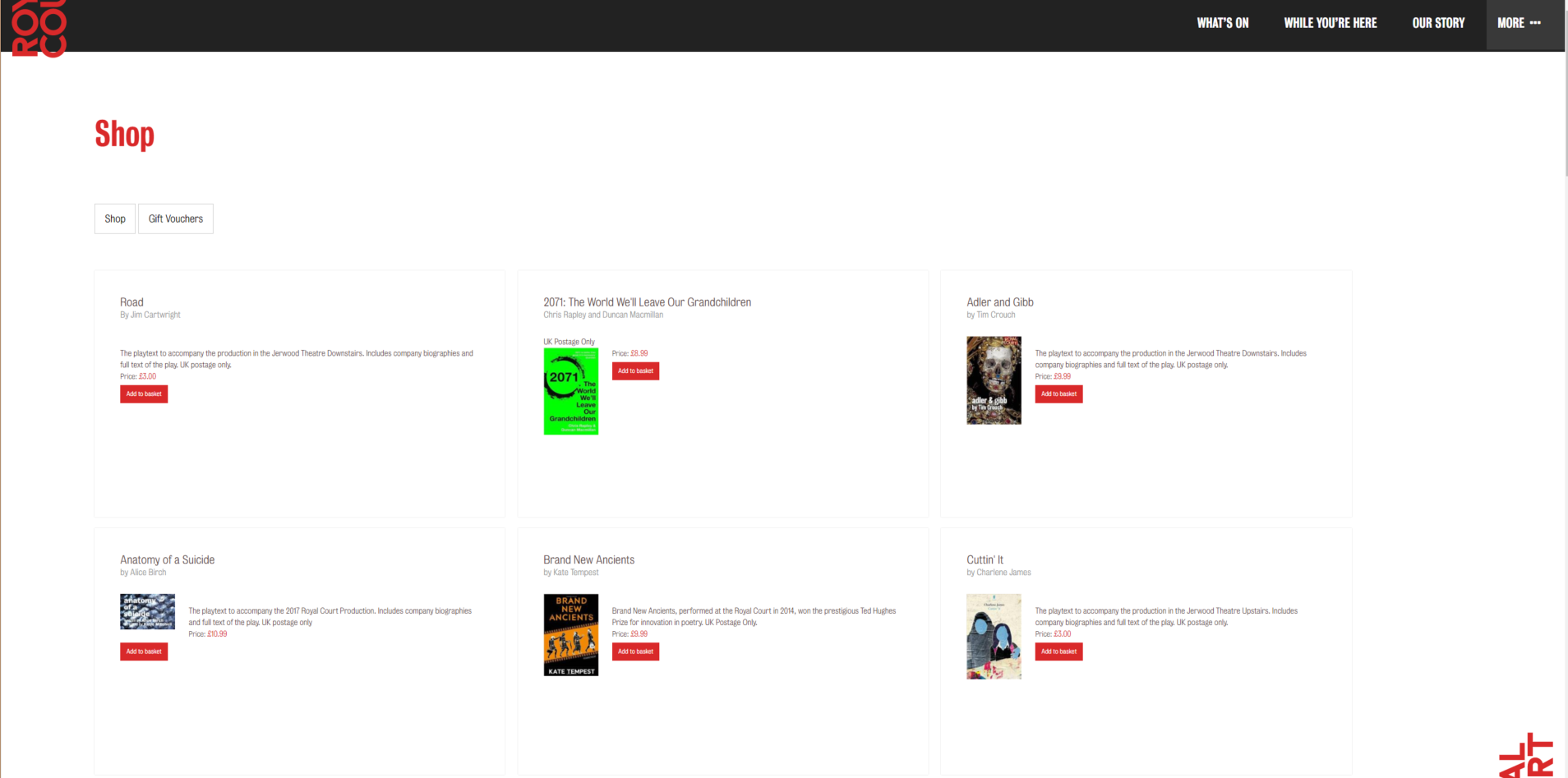 The Royal Court's online shop, displaying covers of playtexts, pricing details and calls to action
