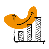 three bar graph with arrow going up