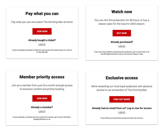 A variety of content offerings: pay what you can, watch now, member priority access and exclusive access options