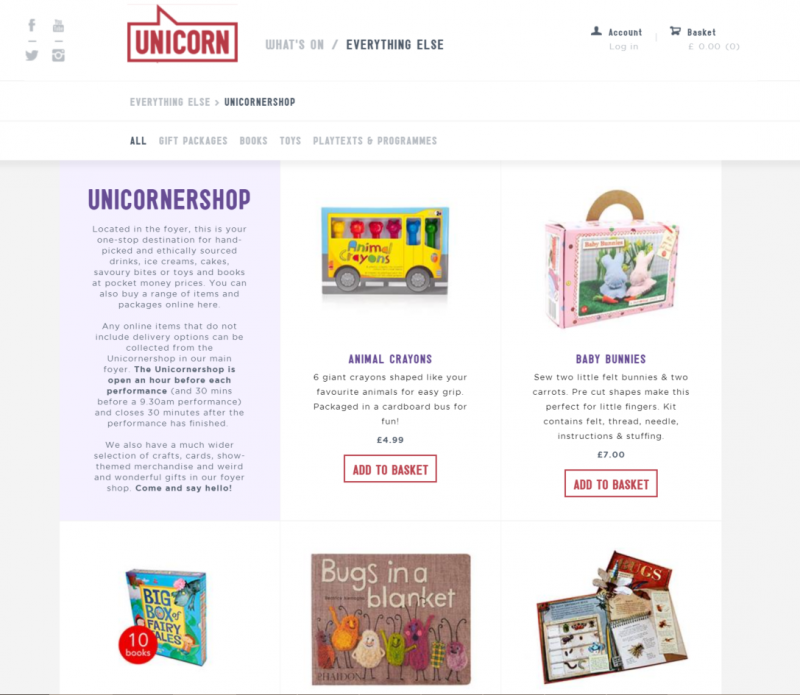 Creative toys for sale at Unicorn Theatre's online shop, with colourful images, rich description and clear calls to action
