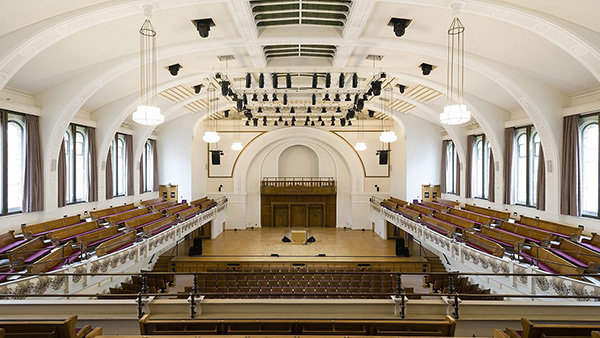 Interior of Cadogan Hall, a classic chamber music space with balcony seating