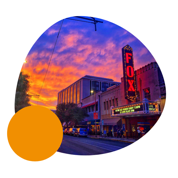 An exterior shot of Fux Tucson Theater at sunset