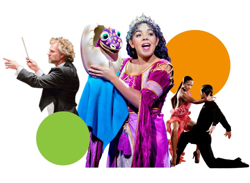 Collage of Thomas Søndergård conducting, Lawrence Batley children's production, and salsa dancers
