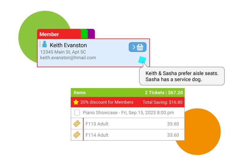 Profile showing 20% membership discount and preference for aisle and service dog