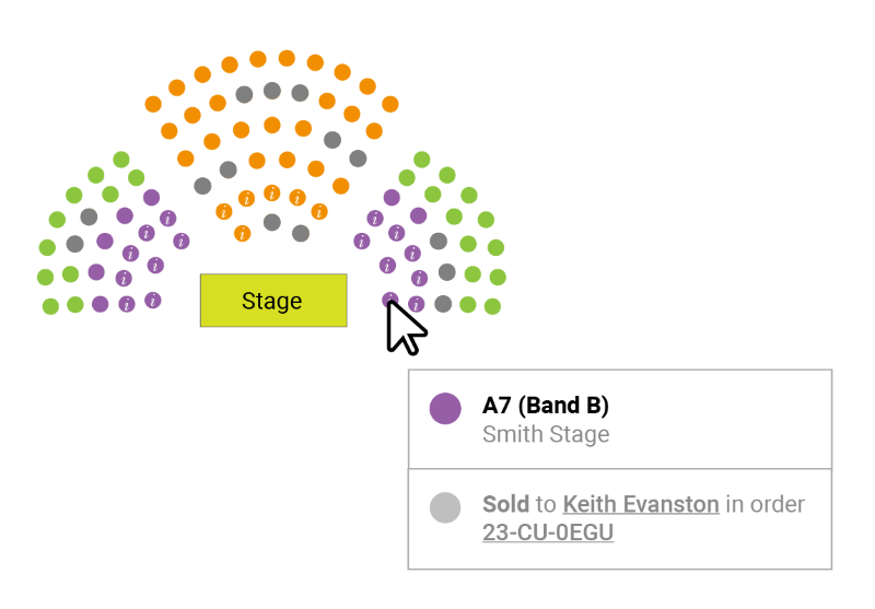 Thrust stage seating plan with two aisles and three price bands, pointer indicating purchased seat