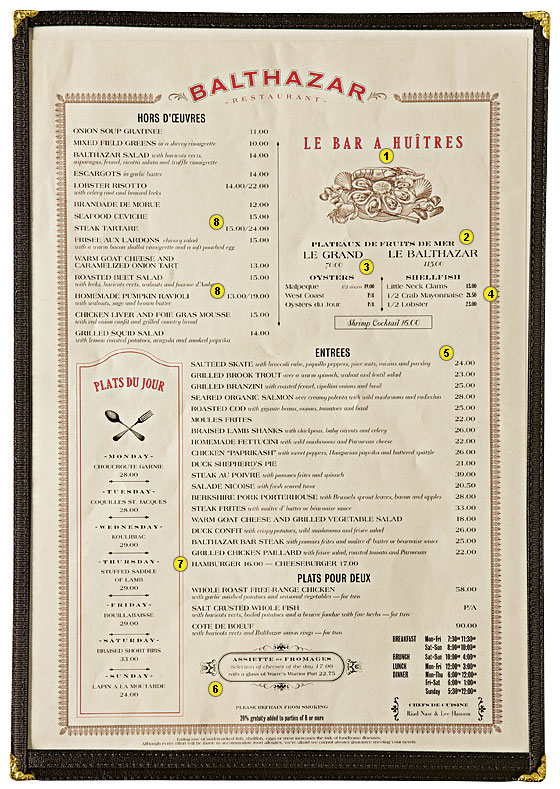 The menu from Balthazar restaurant