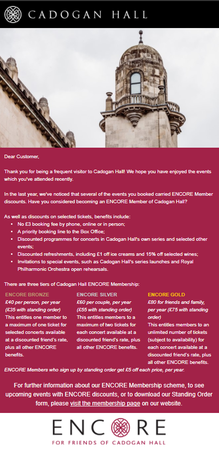 Email from Cadogan Hall, promoting bronze, silver and gold membership levels and their benefits