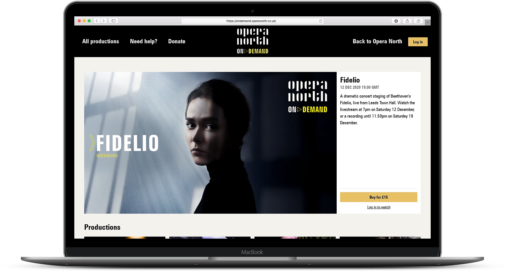 Opera North's website, inviting people to pay for and view Fidelio online