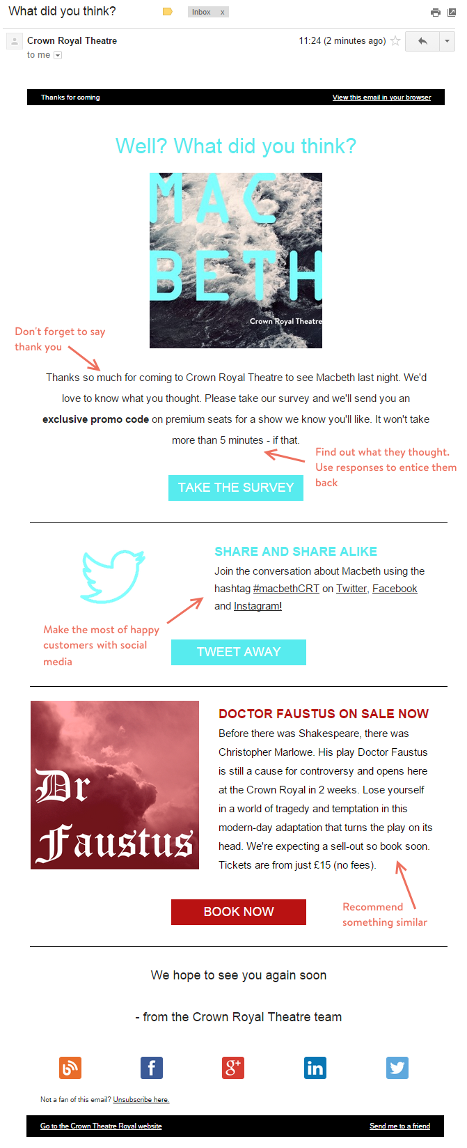 Screenshot of a post-show email, including a thank you, an invitation to share feedback, encouragement to share on social channels, and information about other relevant events