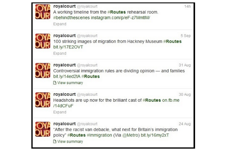 A twitter thread from the Royal Court, connecting their production of 'Routes' to current topics around immigration