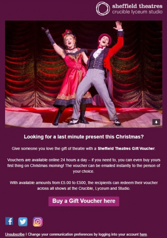 An email promoting the benefits of gift vouchers, sent to customers by Sheffield Theatres