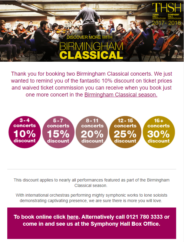 Promotional email showing multibuy savings at the Birmingham Classical series at Town Hall Symphony Hall