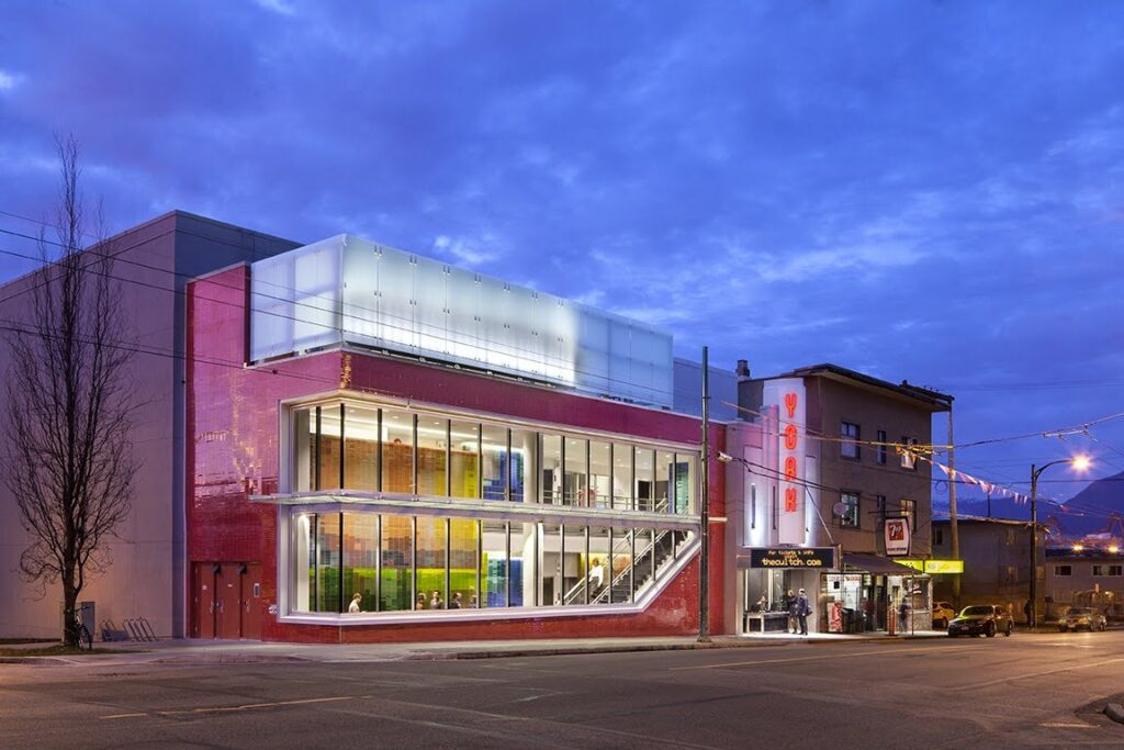 A Wide Exterior Of The Cultch Lit Up At Night