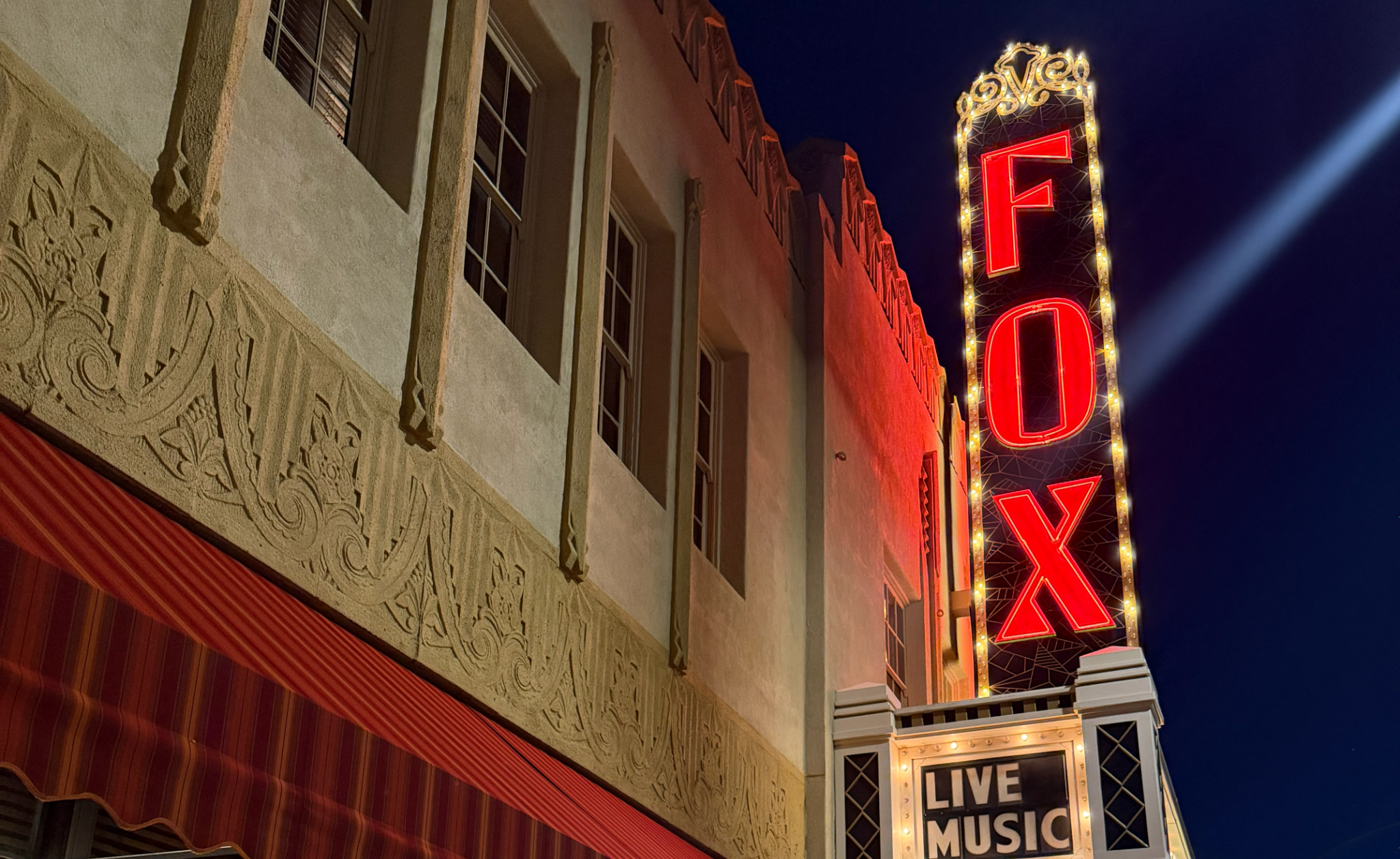Illuminated Fox Tucson Theatre Sign And Marquee At Night.