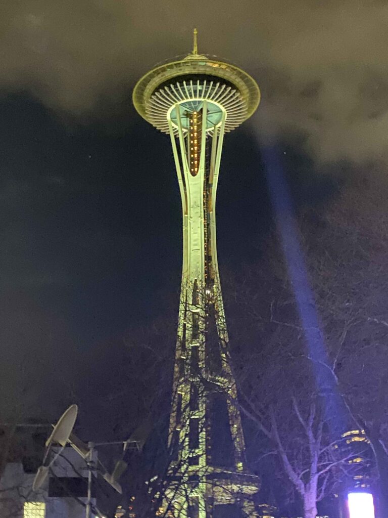 A nighttime picture of the Seattle Space Needle.