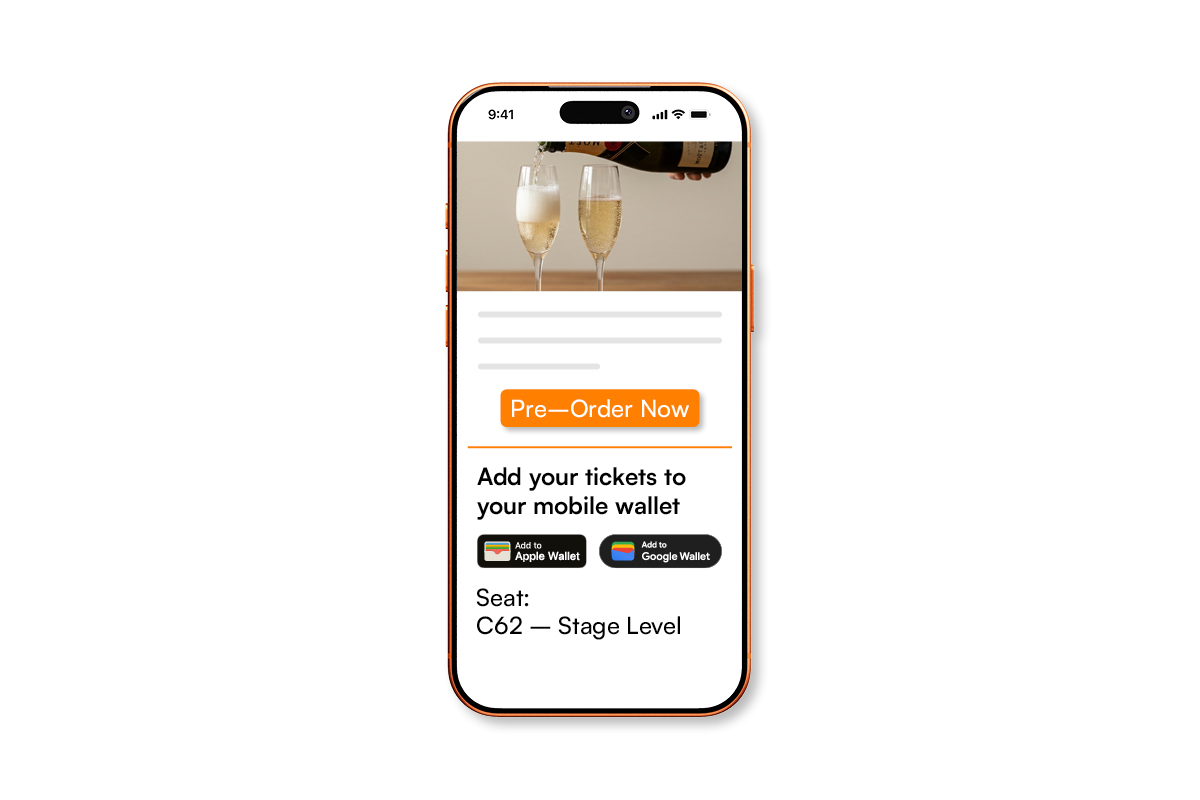 Image Of Pre-Event Email On Mobile With Link To Pre-Order Merchandise Or Refreshments And Add Tickets To Apple Or Google Wallet