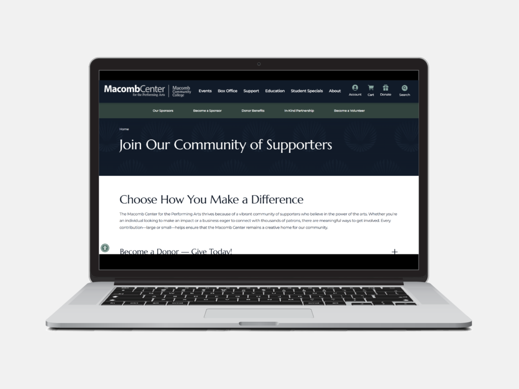 A Laptop With The Macomb Center For The Performing Arts Website Open To Their Donations Page