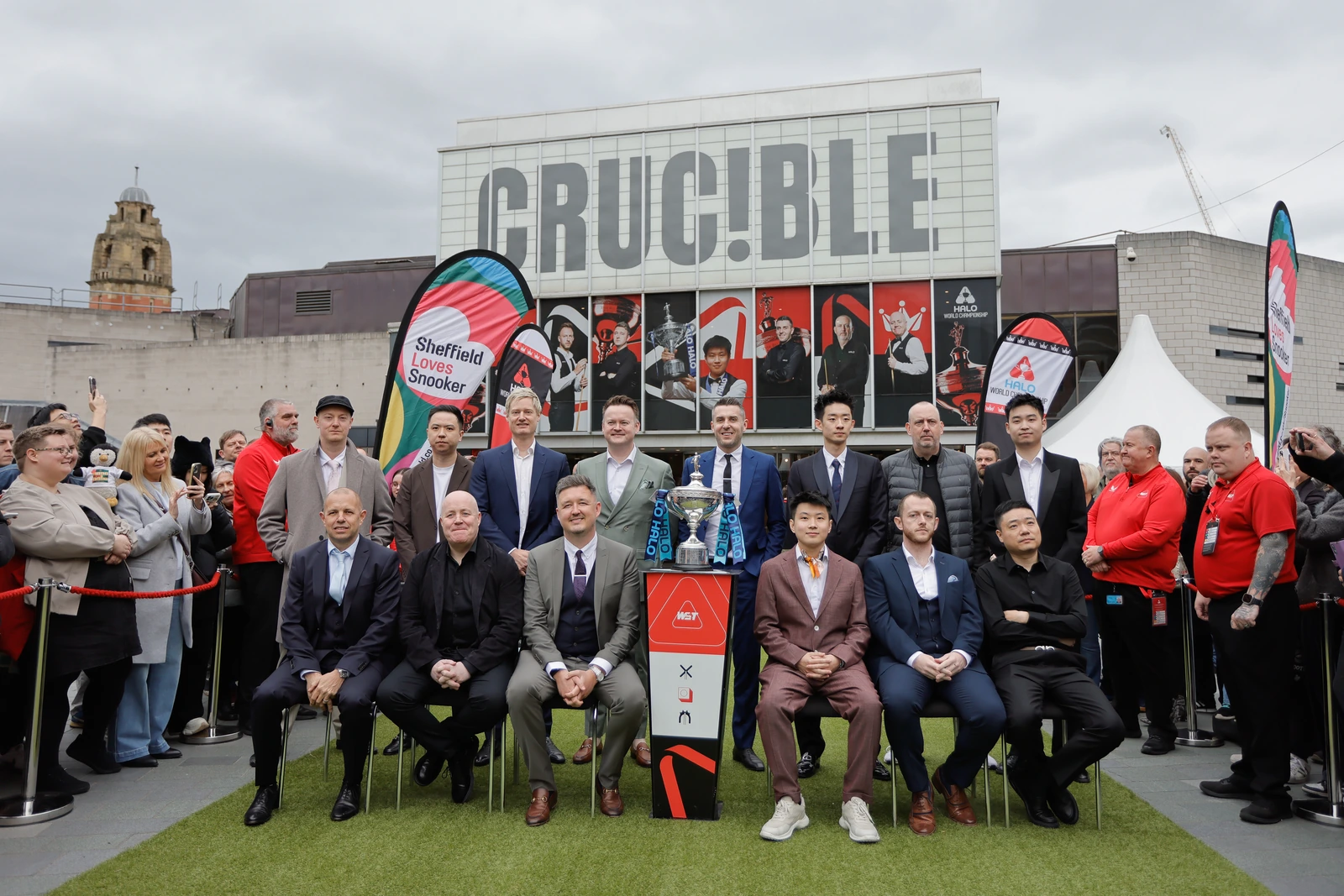 Green Carpet Group Portrait With Trophy Outside Crucible Sheffield Theatres World Snooker Championship 2026