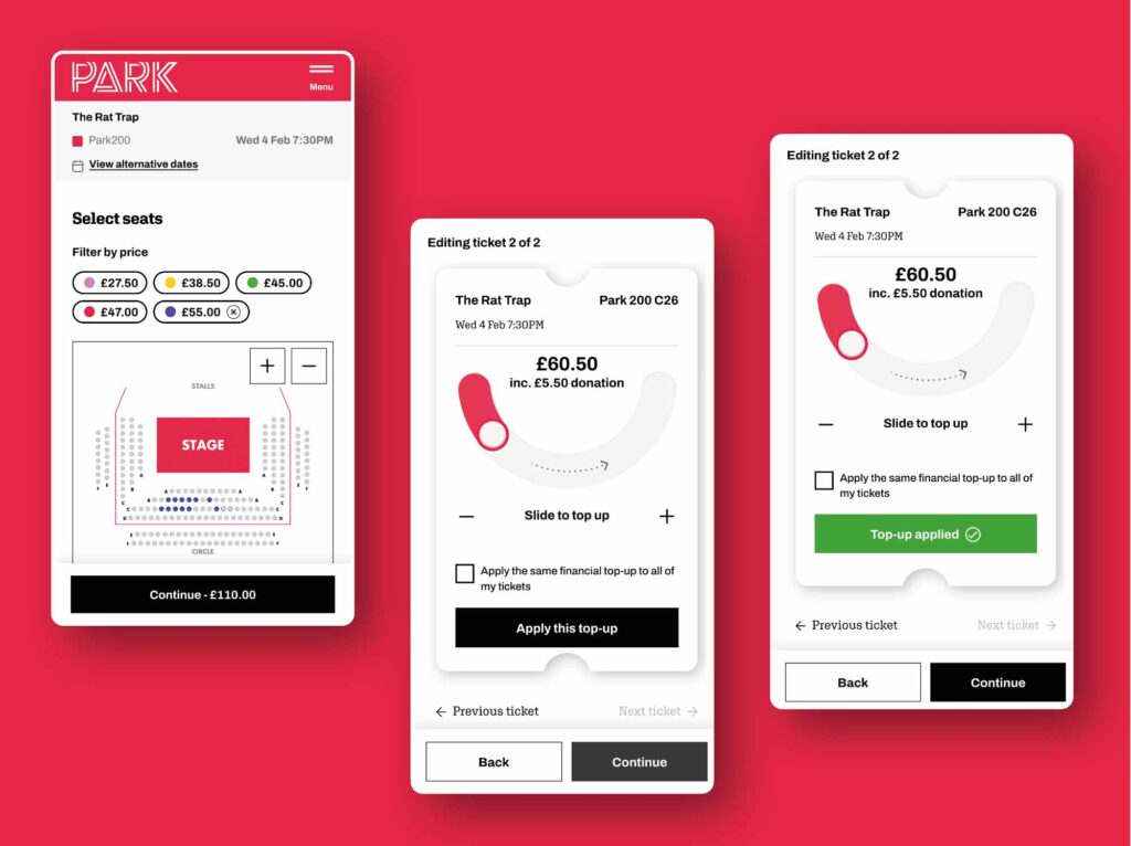 Images Of A Donation Slider In The Park Theatre Purchase Pathway, Inviting Audiences To Make An Interactive Donation On Desktop Or Mobile.